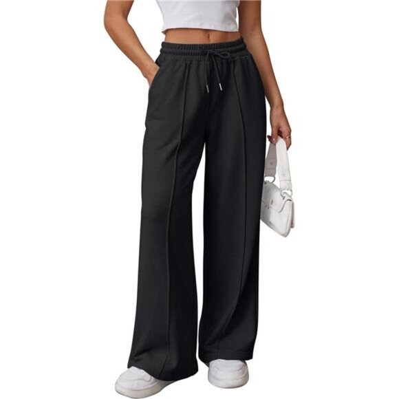 Womens Wide Leg Sweatpants High Waisted Black - Picture 1 of 6